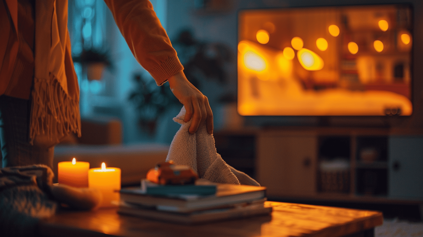 Person räumt während TV-Werbepause auf zeigt cleveren Alltags-Hack für Multitasking